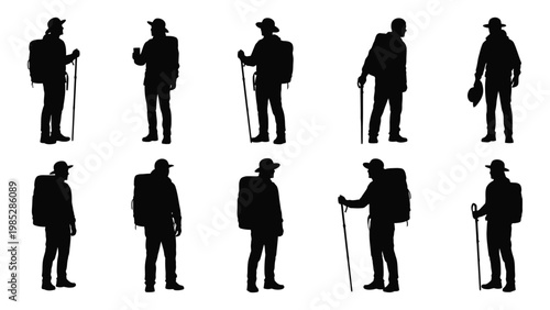 A collection of nine black silhouettes depicting people hiking with walking sticks and backpacks high quality