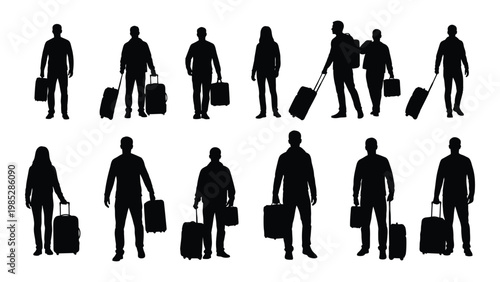 A collection of silhouettes depicting people carrying luggage suggesting travel and movement high quality professional detailed