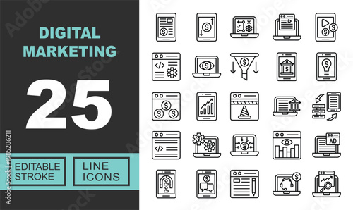 Exclusive Digital Marketing line icon collection. Containing smartphone, transfer, strategy, video, coding, analysis, funnel, bank, bulb, chart. Editable stroke.