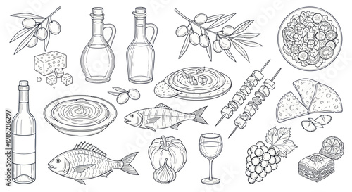 Mediterranean Food and Drink Sketch Collection: Olives, Fish, Wine, Cheese, Baklava