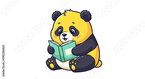Cute cartoon panda reading a book, isolated on white background