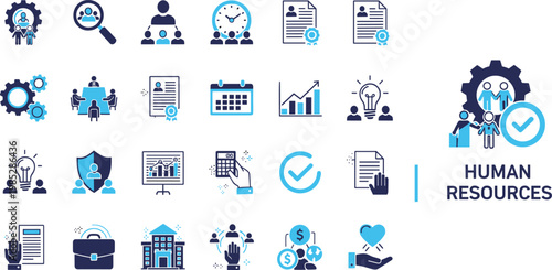 Human resources icons set, HR symbols for recruitment, payroll, training, performance, time tracking, employee management, organizational workflow, business operations, staffing solutions