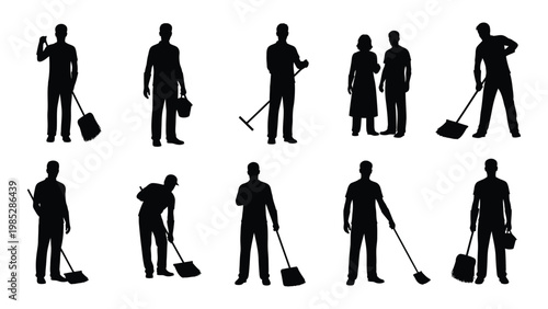 A collection of black silhouette figures depicting various people engaged in cleaning and daily tasks