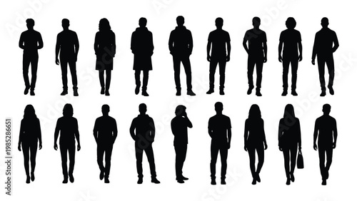 A collection of diverse black silhouettes depicting people in various casual stances and attire high quality