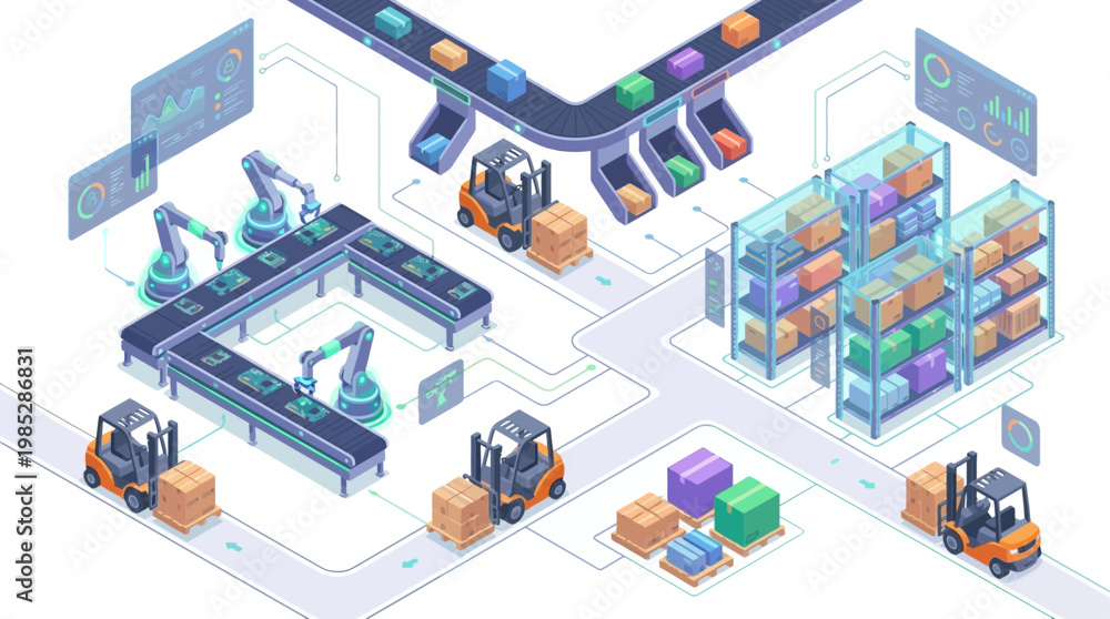 Fototapeta premium Isometric Smart Warehouse and Automated Factory Production Line with Robotic Arms, Forklifts, and Logistics Data Analytics for Industrial Digital Transformation and Supply Chain Management