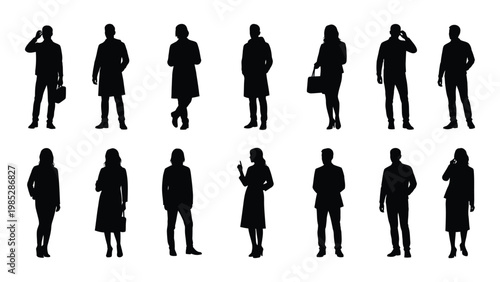 A collection of diverse silhouetted figures of people in various casual and professional poses high quality