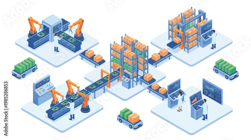 Isometric Smart Factory Production Line with Robotic Arms, Automated Warehousing and Industrial Automation for Digital Manufacturing and Logistics Optimization