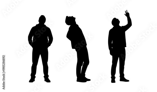 Set of man silhouettes looking up in thoughtful and hopeful poses isolated on white background