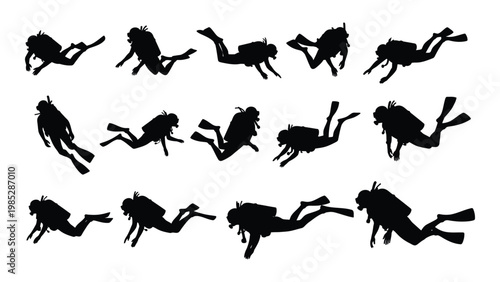 Silhouettes of scuba divers in various swimming poses against a white background high quality professional detailed