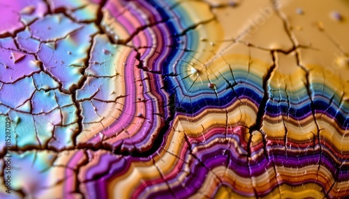 Abstract Mineral Surface with Iridescent Layers and Cracked Texture