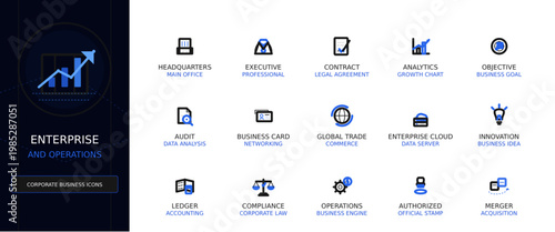 Enterprise and Operations Vector Icon Set, Minimalist Outline UI Elements for Corporate Business
