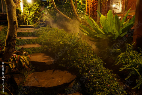 Bilde på lerret Tropical moss and fern garden with unique waterfalls and humid loving plants and