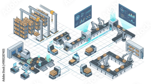 Isometric Smart Warehouse with AI Robotics and Automated Logistics System for Industrial Supply Chain Management and Digital Transformation