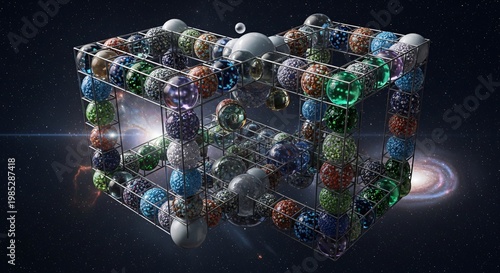Intricate 3d Grid Structure Holding Diverse Textured Spheres in Cosmic Space