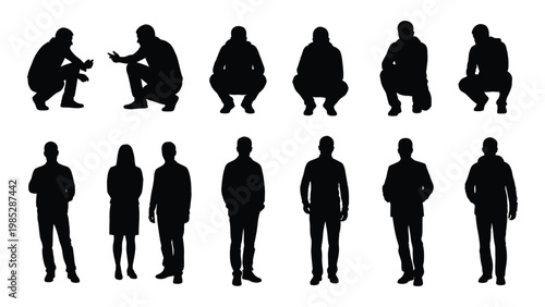 A collection of diverse black silhouettes depicting people in various poses and stances high quality professional