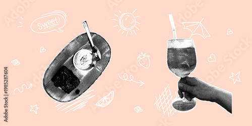 A hand holding a glass with a cold cocktail and an umbrella next to a plate with brownies and ice cream. Trendy halftone collage. Summer collection of refreshing drinks and desserts. Collage with