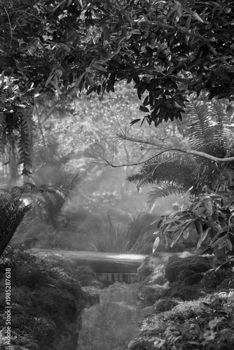 Canvas Print Tropical moss and fern garden with unique waterfalls and humid loving plants and
