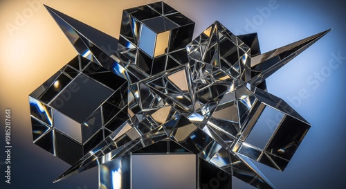 Intricate Glass Sculpture with Sharp Angles and Bright Reflections