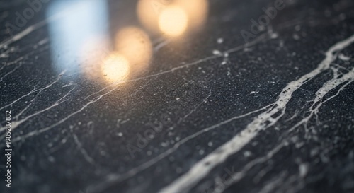 Elegant Dark Marble Surface with White Veins and Warm Bokeh Reflections