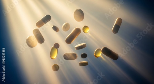 Various Pills and Capsules Floating in Luminous Golden Light Rays