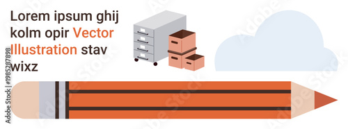 Office organization, creative design, learning tools, cloud storage, digital workspace, and creativity . Pencil, cloud storage boxes and filing cabinet . Office organization and creative design