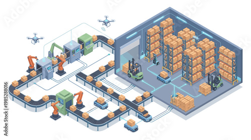 Isometric Smart Warehouse and Automated Factory Production Line with Robotics, Forklifts, and Delivery Drones for Logistics and Supply Chain Management Concept