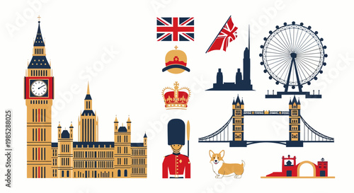 UK themed flat vector collection of London landmarks and symbols on white background