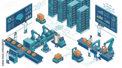 Isometric Smart Factory with AI Automation, Robotics, and Data Center Servers for Industry 4.0 Digital Transformation and Logistics Management