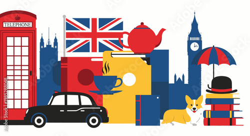Vibrant British lifestyle scene with iconic London elements and a playful corgi in a flat illustration style.