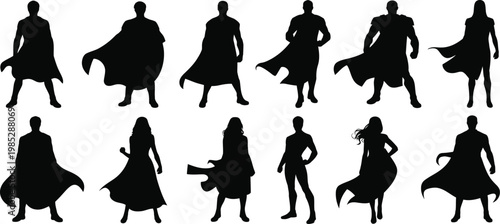 Diverse superhero silhouettes with flowing capes character