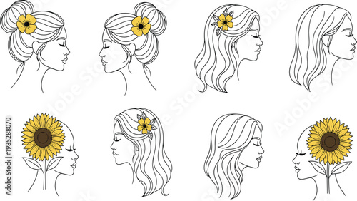 Minimalist female profile silhouettes, sunflower floral hair decoration, botanical beauty line art, nature and woman harmony, artistic illustration design