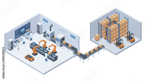 Isometric Smart Factory and Automated Warehouse with AI Robotics and Conveyor Belt System for Industrial Logistics and Digital Manufacturing Presentation