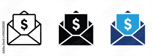 Money envelope icon for salary, cash transfer and income. Financial concept for banking, payroll, bonus payout, transactions, revenue and money receiving in business and personal finance projects