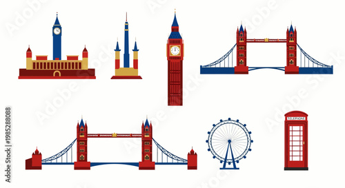 Flat design landmarks showcase London's iconic buildings and structures in a modern style.