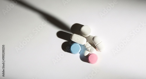 Assorted Medication Pills and Cosmetic Sponges with Long Shadows