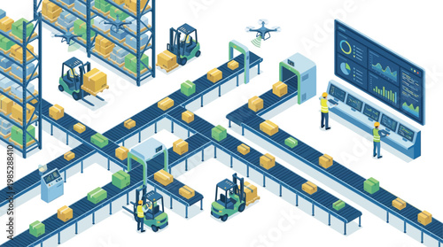 Isometric Smart Warehouse with Automated Conveyor Belts, Drones, and Forklifts, Industrial Digital Transformation and Logistics Management Concept for Corporate Presentations and Infographics