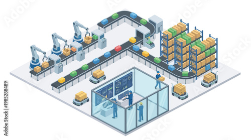 Isometric Smart Factory Production Line with Robotic Arms and Warehouse Logistics for Industrial Automation and Supply Chain Management Concept