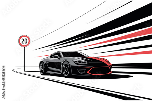 Sleek black and red sports car speeding on road with motion blur effect, speed limit sign, high performance, fast, dynamic, adrenaline.