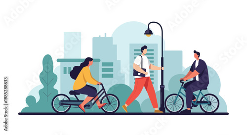 City life illustration: people cycling and walking in urban environment