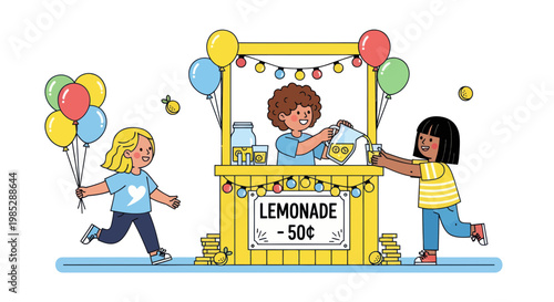 Children running a vibrant lemonade stand with balloons and festive lights
