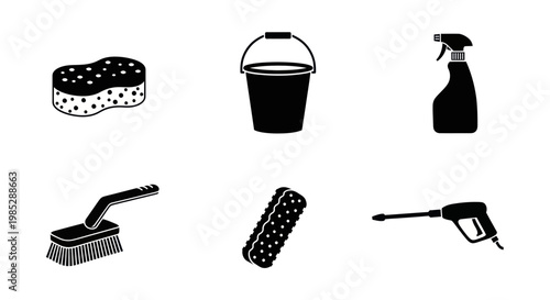Cleaning Tools Icons: Sponge, Bucket, Sprayer, Brush, Pressure Washer