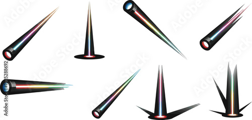 Colorful laser beam impact effect icon set in realistic gradient style featuring energy rays and light emission for technology design