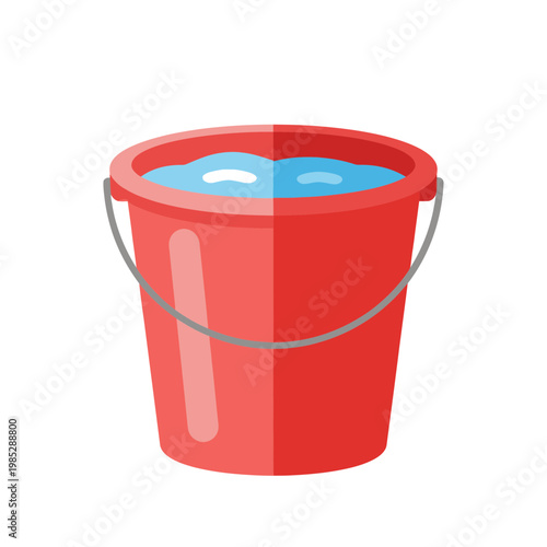 Red bucket filled with clear blue water, isolated on white background
