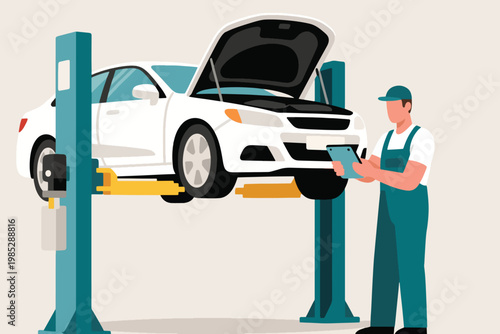 Illustration Of A Mechanic Filling Out A Checklist With A Car On A Hydraulic Jack Vector Design Template