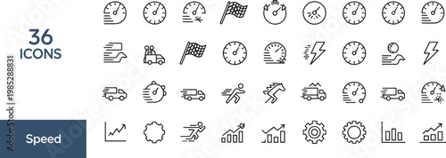 Speed line icons set featuring fast delivery, performance, acceleration, motion symbols, stopwatch, vehicles, minimal outline editable stroke vector collection