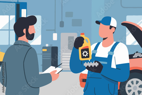 Illustration Of A Mechanic Showing A Bottle Of Engine Oil To A Customer At An Auto Repair Shop Vector Design Template