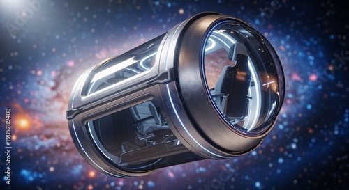 Futuristic Space Travel Capsule with Clear View of Galaxy Nebula