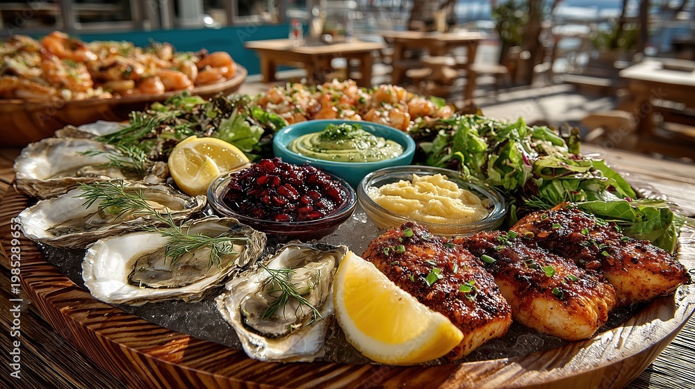 Obraz premium Fresh seafood platter with clams, oysters and shrimp on ice, outdoor seaside setting with natural sunlight and vibrant coastal atmosphere