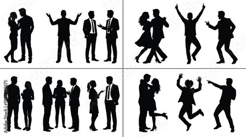 Set of people silhouettes in various poses including business meetings, romantic couples, dancing, jumping, and casual social interactions isolated on white