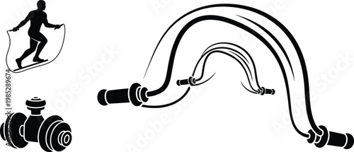 Fitness workout equipment silhouette vector illustration featuring jump rope dumbbells and active training concepts for gym exercise and healthy lifestyle design